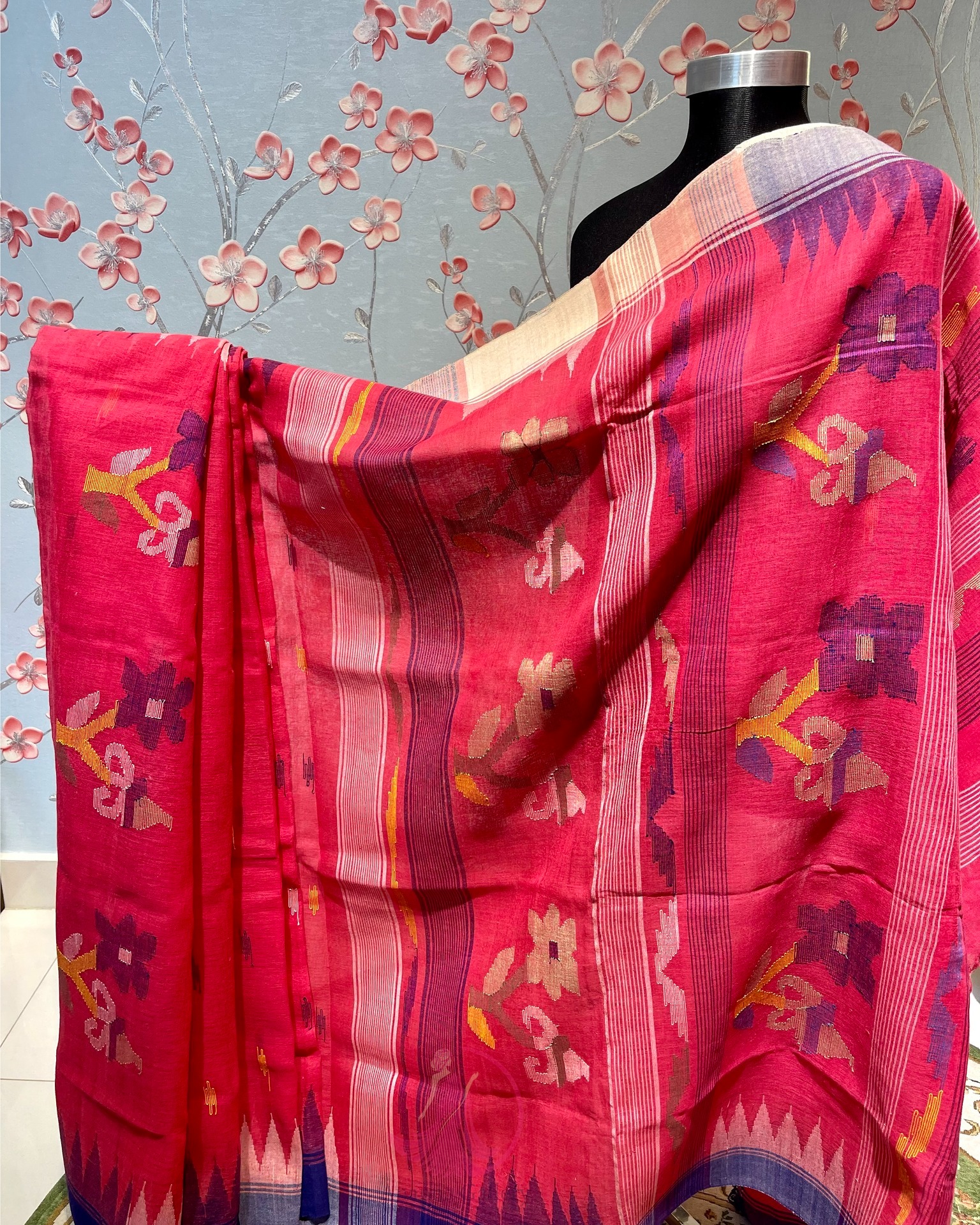 Purple Bloom Pink Monipuri Saree - Image 1